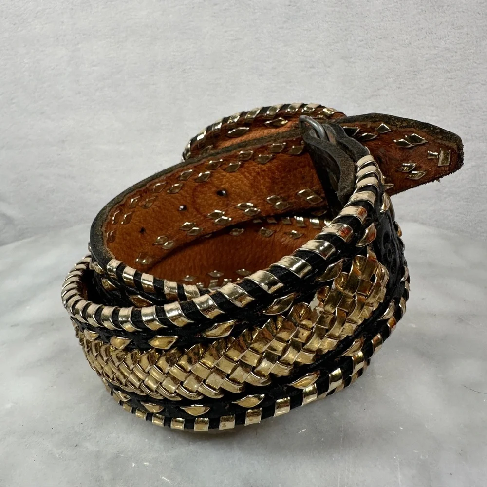 Vintage western Black and Gold‎ Woven leather Belt metallic
